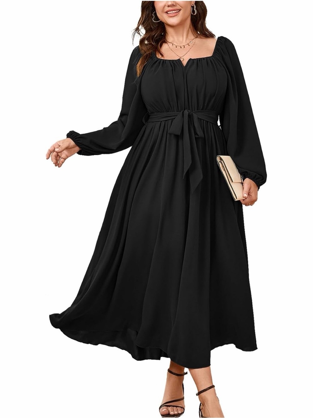Elegant Black Long-Sleeve Maxi Dress with Waist Tie